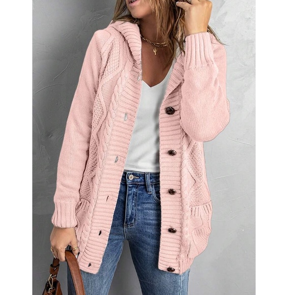 Sherpa Grey Knit Hooded Cardigan Front Pockets Long Sleeves Hip Length Buttoned - Picture 17 of 17